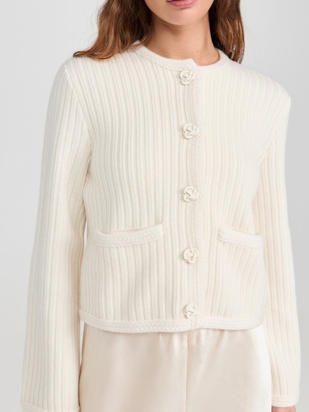 La Ligne Ivory Ribbed Knit Button Cardigan SZ Small